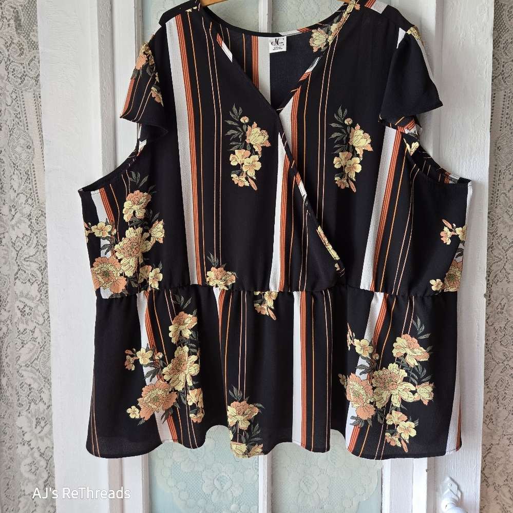 DC Jeans Black Floral Stripe Cold Shoulder Blouse 5X